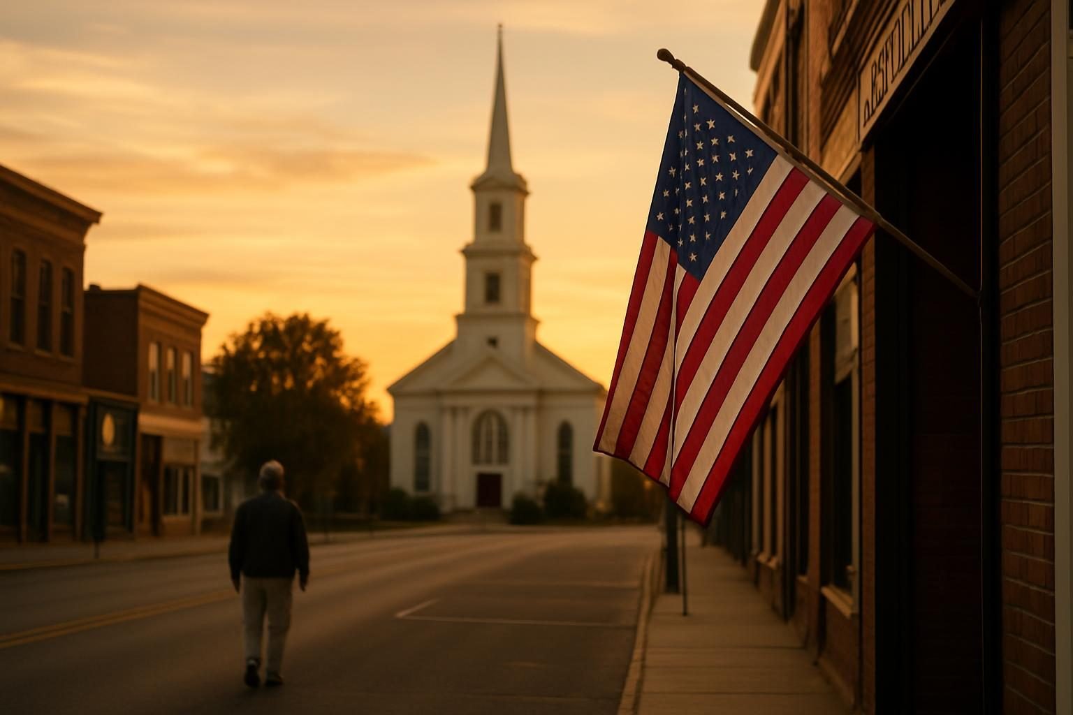 A small-town church steeple at golden hour on a quiet main street
