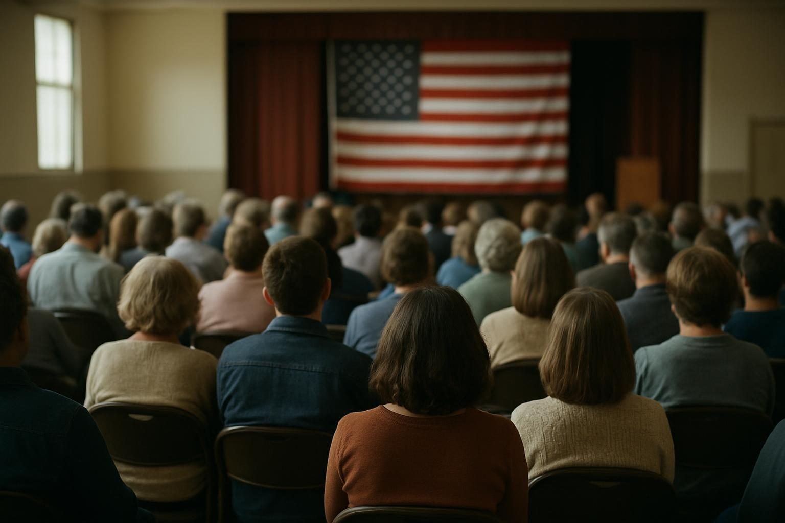 Audience members seen from behind at a community meeting in an auditorium