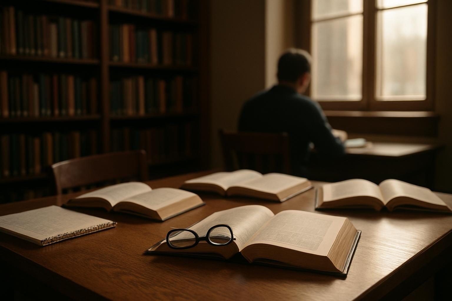 Open books and a notebook on a library table, ready for a reading group discussion