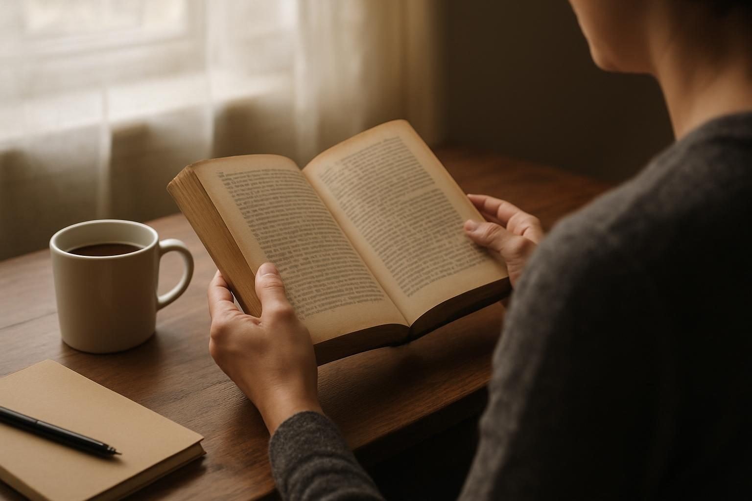 Hands holding a worn paperback book on a wooden desk beside a notebook