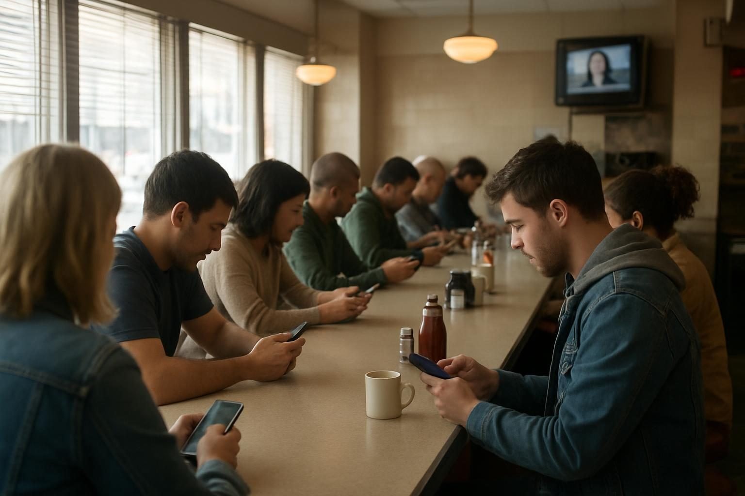 People checking smartphones at a diner counter while a muted television plays