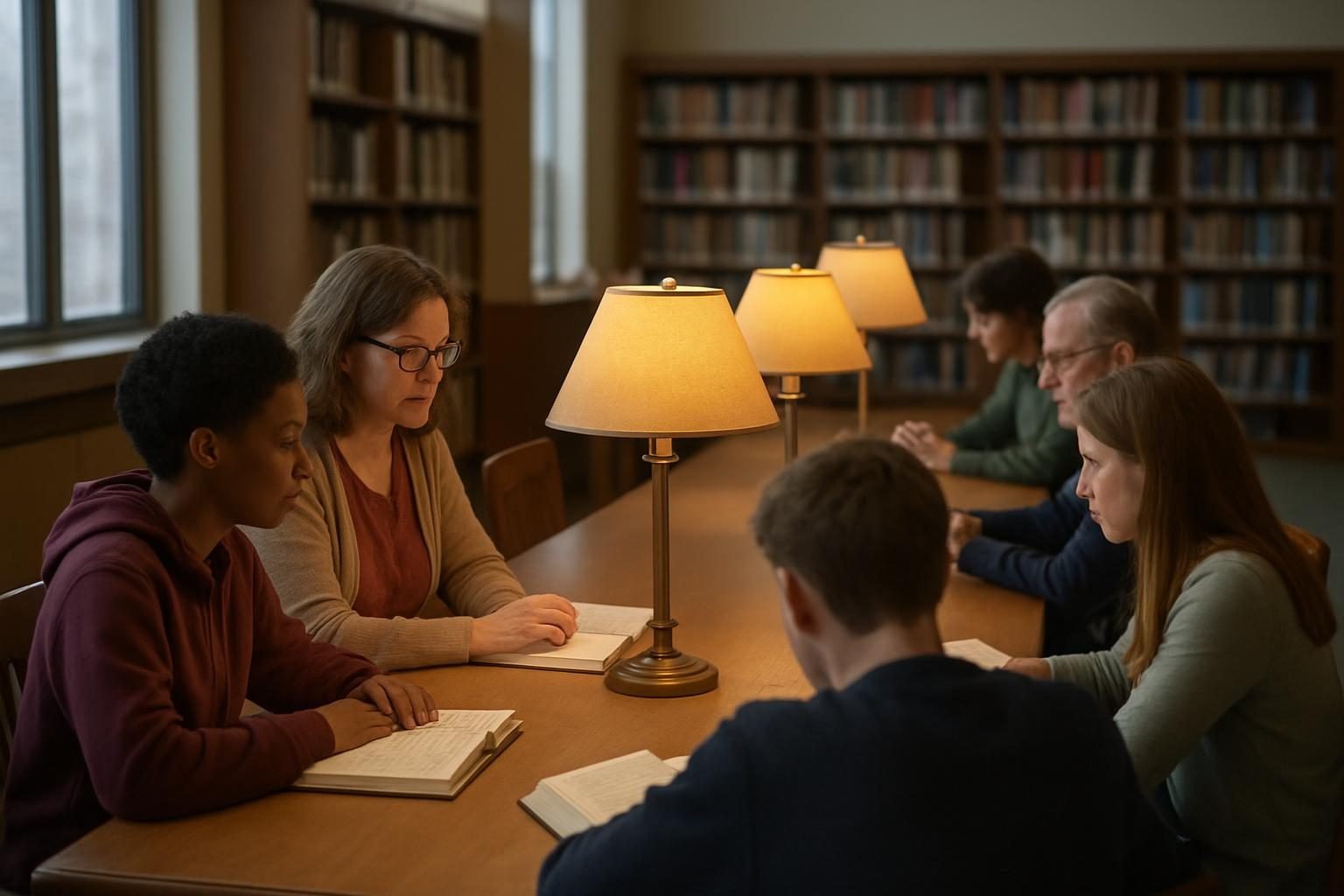 Adults and teenagers discussing books around a library table