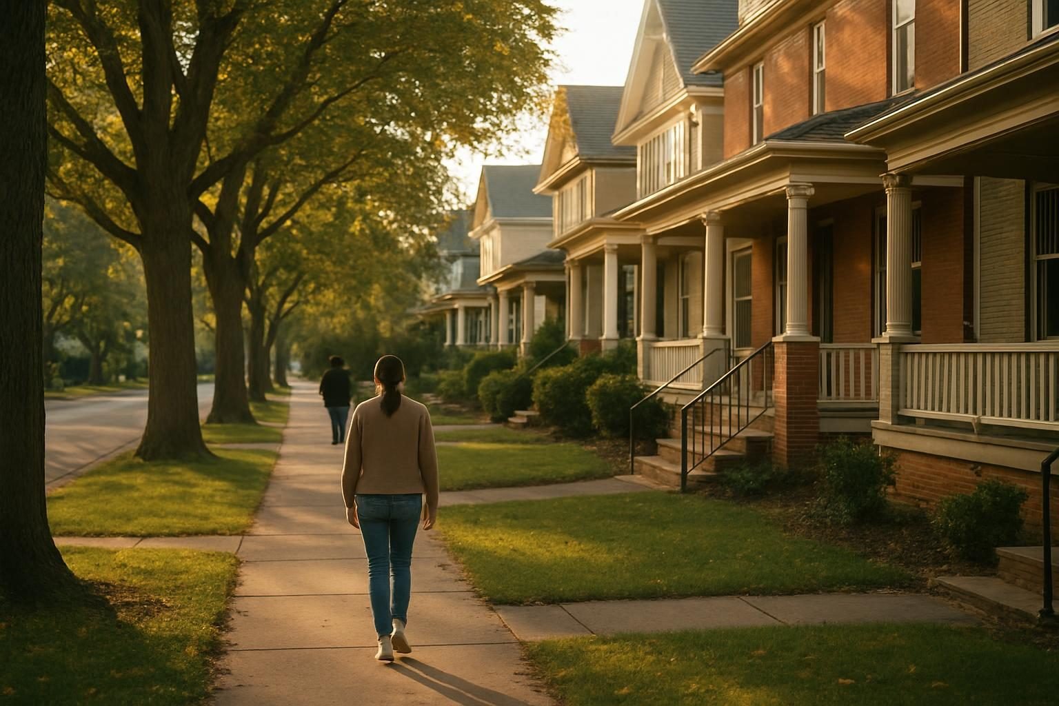 Quiet older American neighborhood street at golden hour
