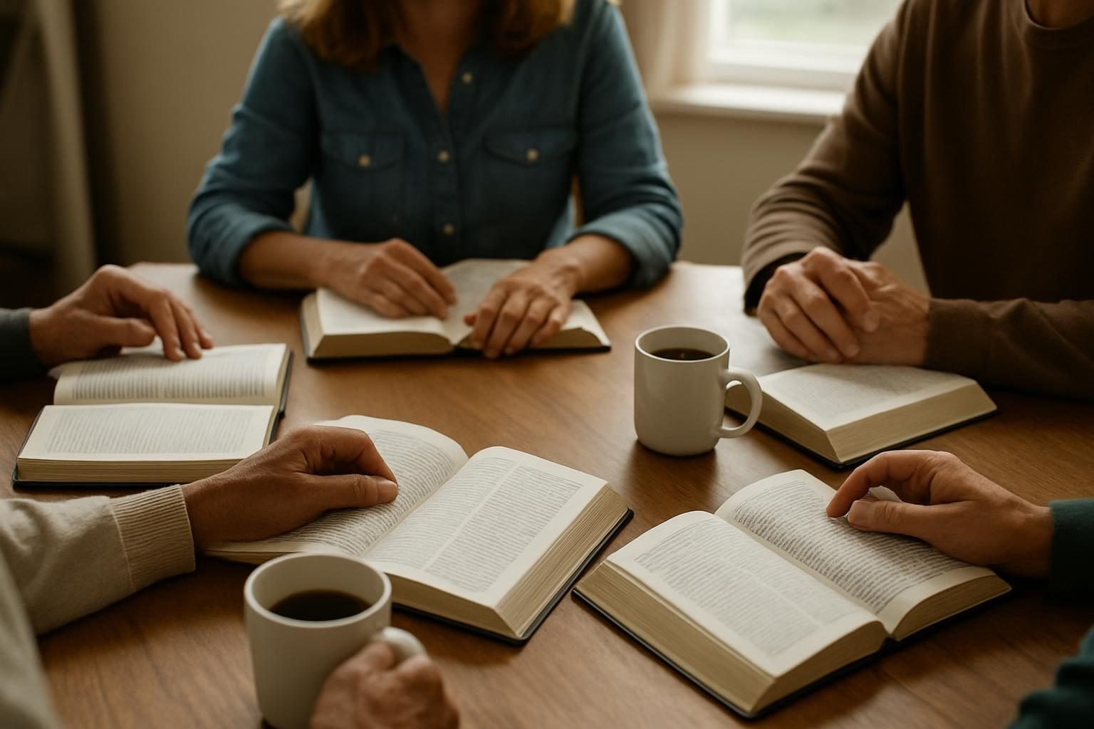 Reading group at a table with open books and coffee cups