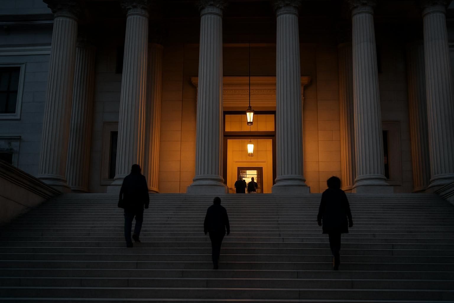 Courthouse steps at dusk, symbolizing civic debate and justice