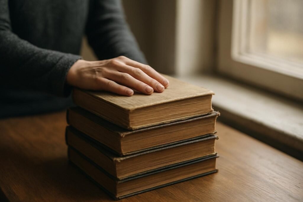 Hands resting on a stack of the best books about power and politics on a library table