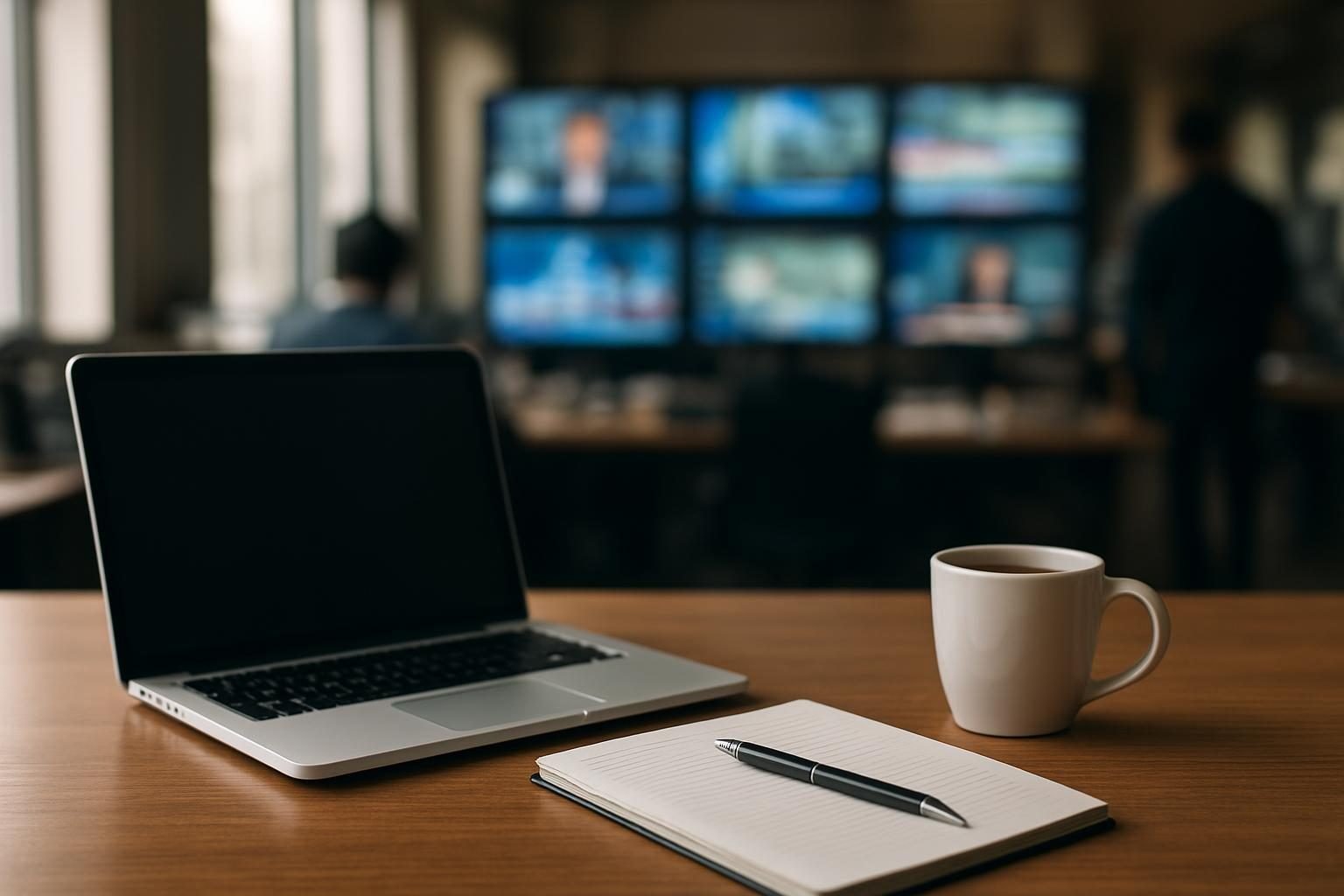 A newsroom desk with a laptop and notepad in the late afternoon