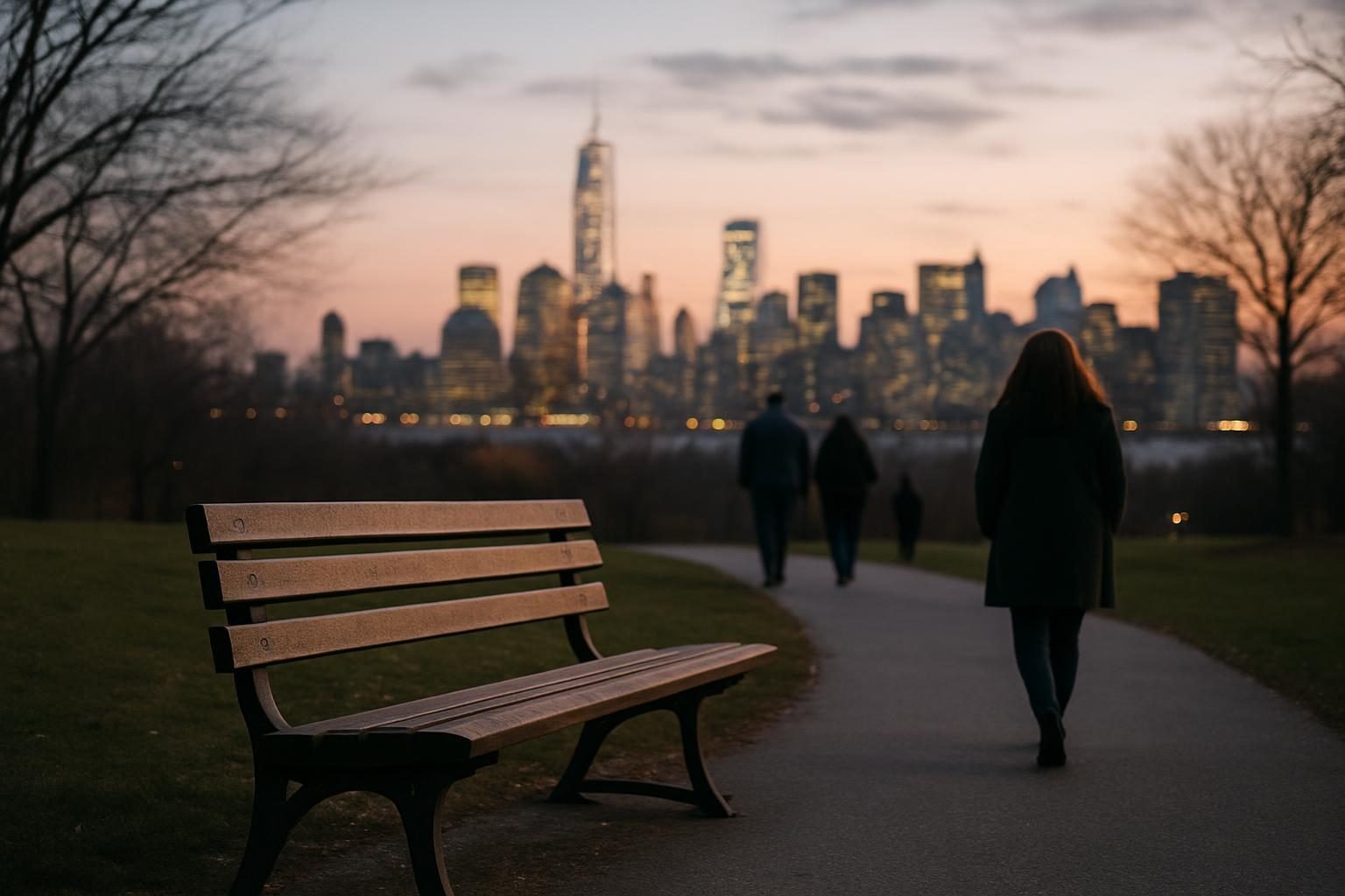 A city skyline at dusk viewed from a quiet public park