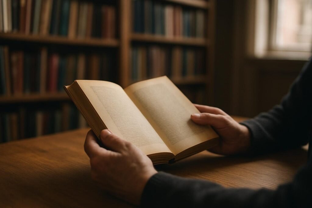 Hands holding a worn library book, representing the best books on american history