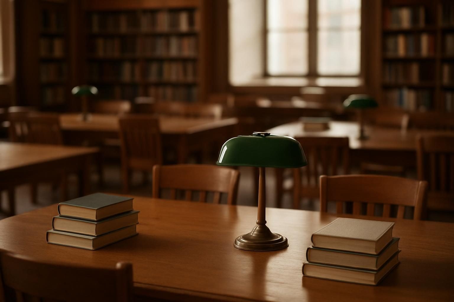 Quiet library reading room with stacks of history books on a wooden desk