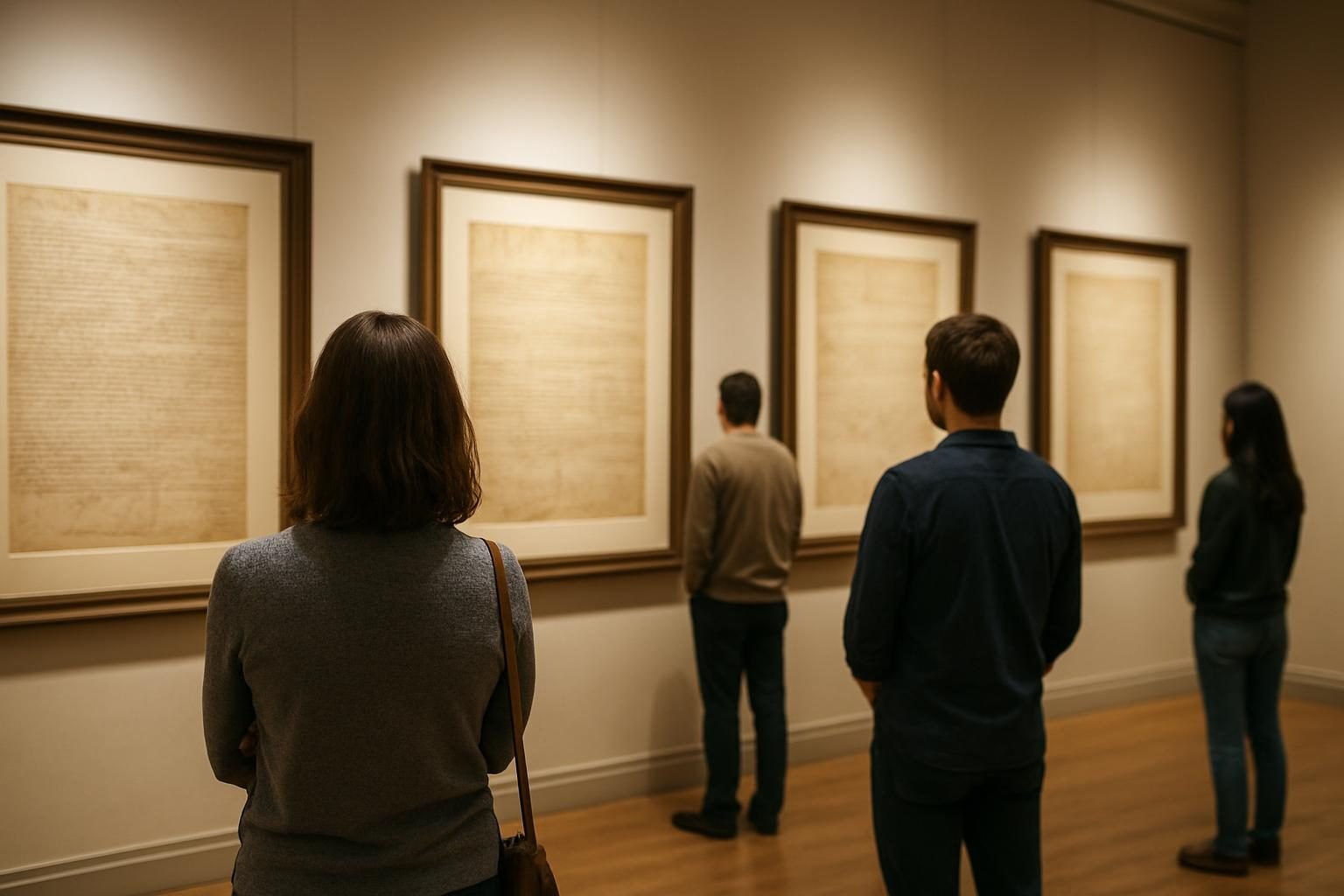 Visitors in a museum hall looking at framed historical documents