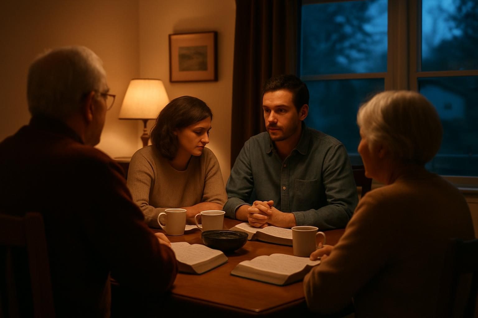 Family gathered around a dinner table in conversation with books nearby