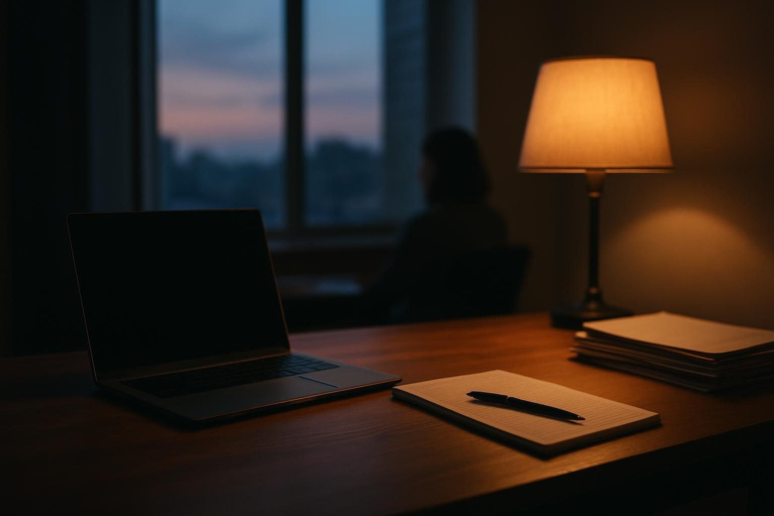 A quiet newsroom desk with a laptop and notepad at dusk