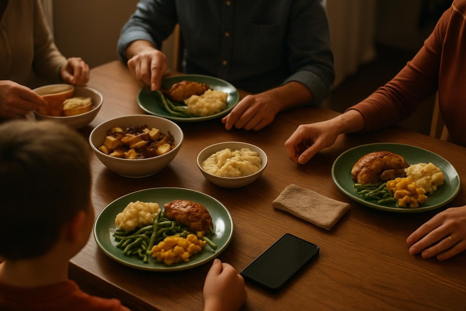 A family dinner table with a phone set face down among shared plates
