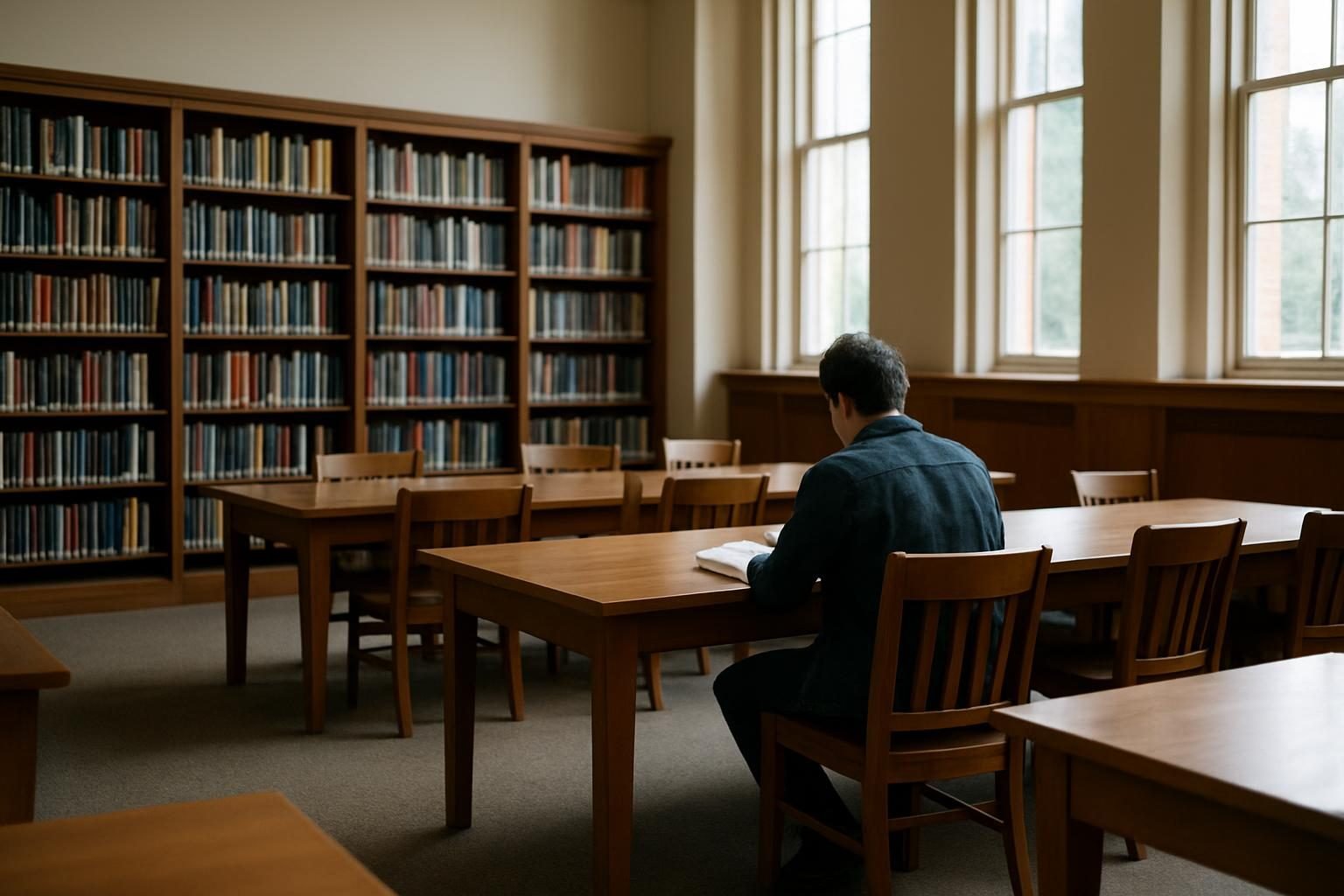 A reader at a long table in a quiet public library reading room