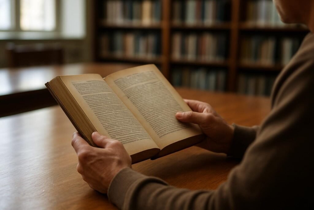 Hands holding an open history book, illustrating a black against empire summary