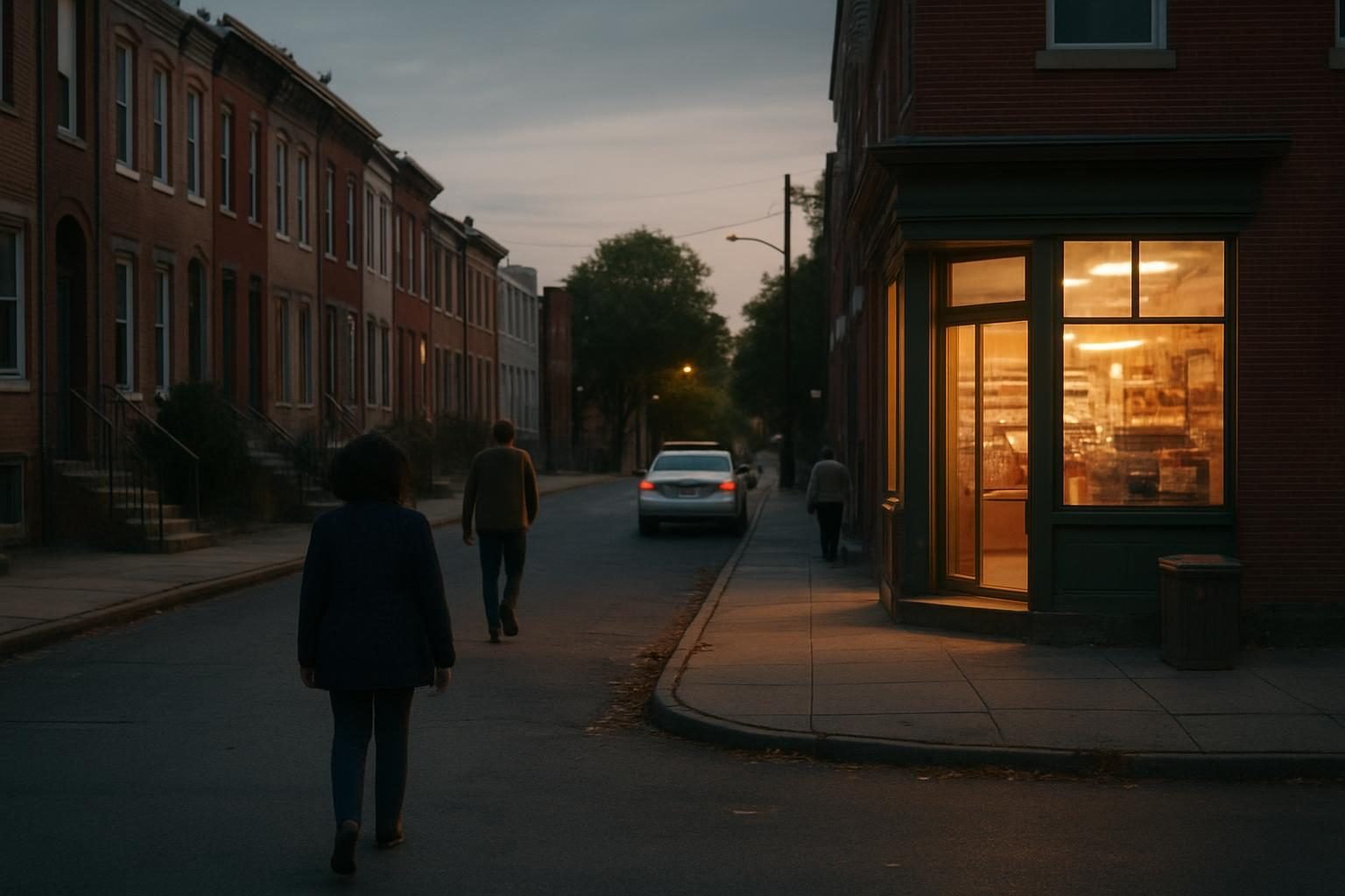 Quiet city neighborhood street at dusk with a parked patrol car