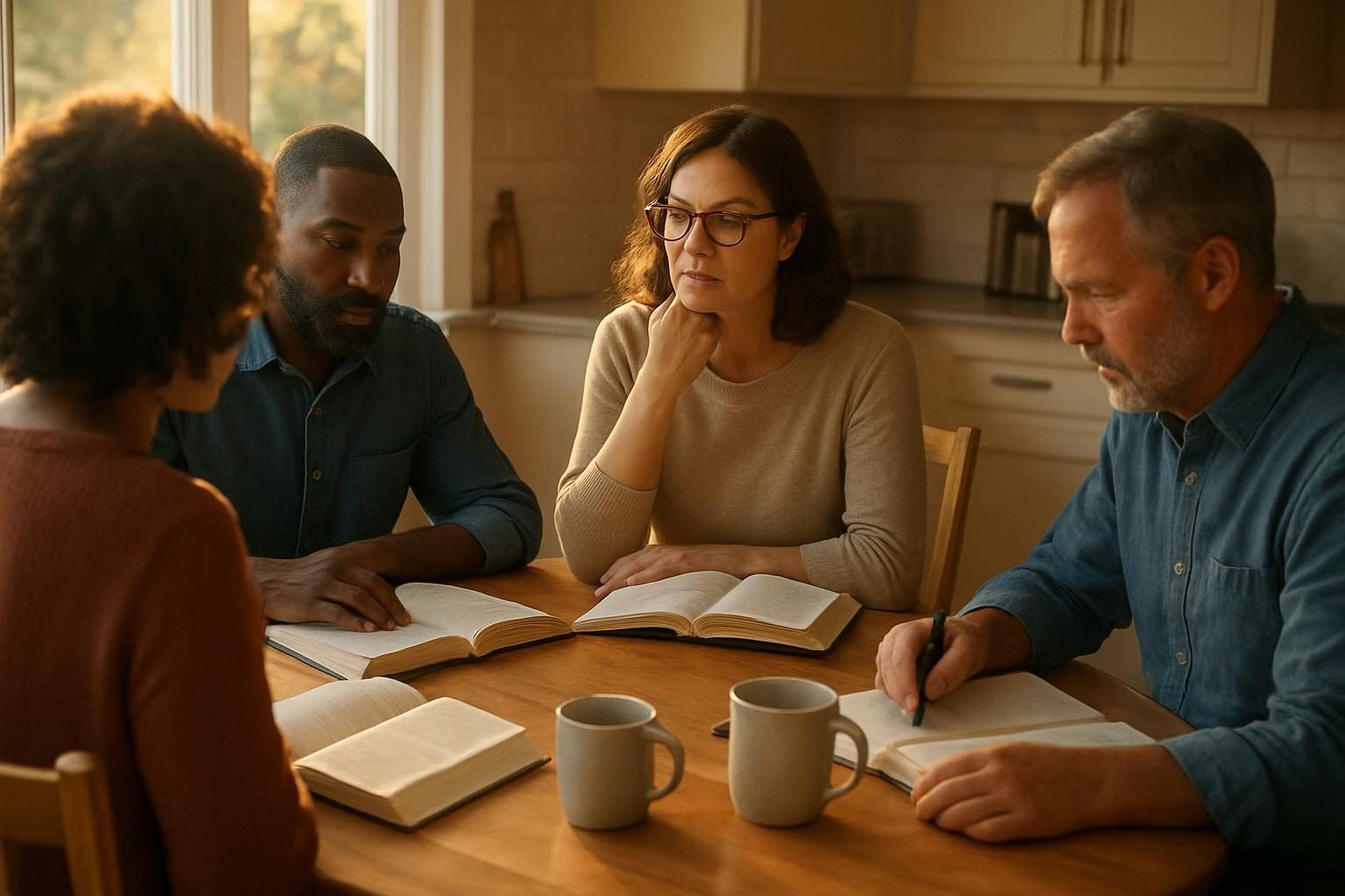 Reading group of adults discussing a book around a table