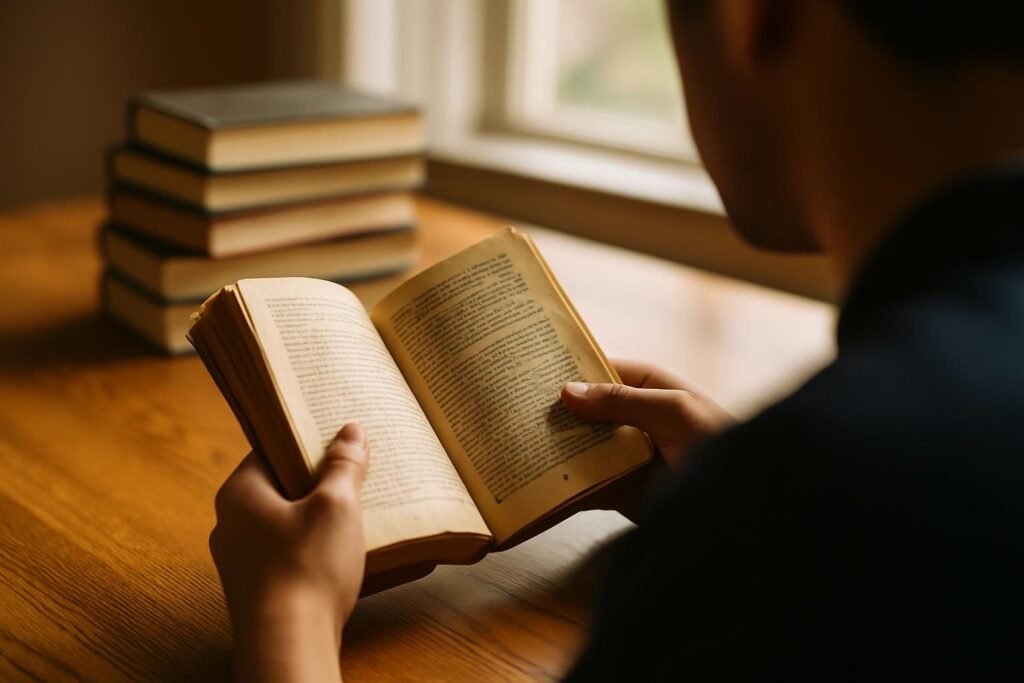 Hands holding a worn library book, representing books to understand America