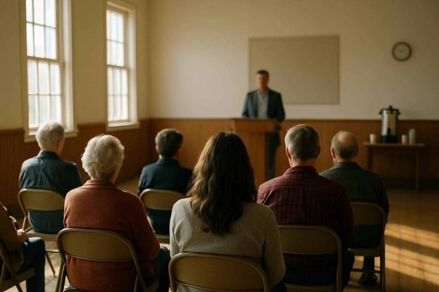 Residents gathered in a community hall for a neighborhood meeting