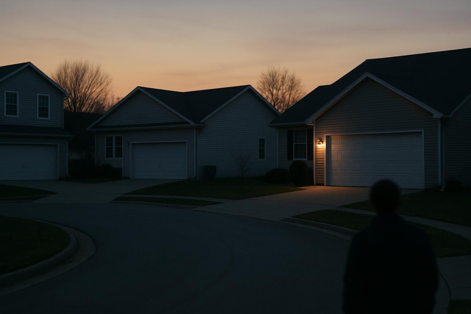 Quiet suburban street at dusk with closed garage doors