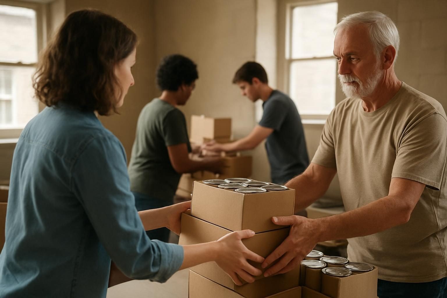 Volunteers working together sorting donations at a community center