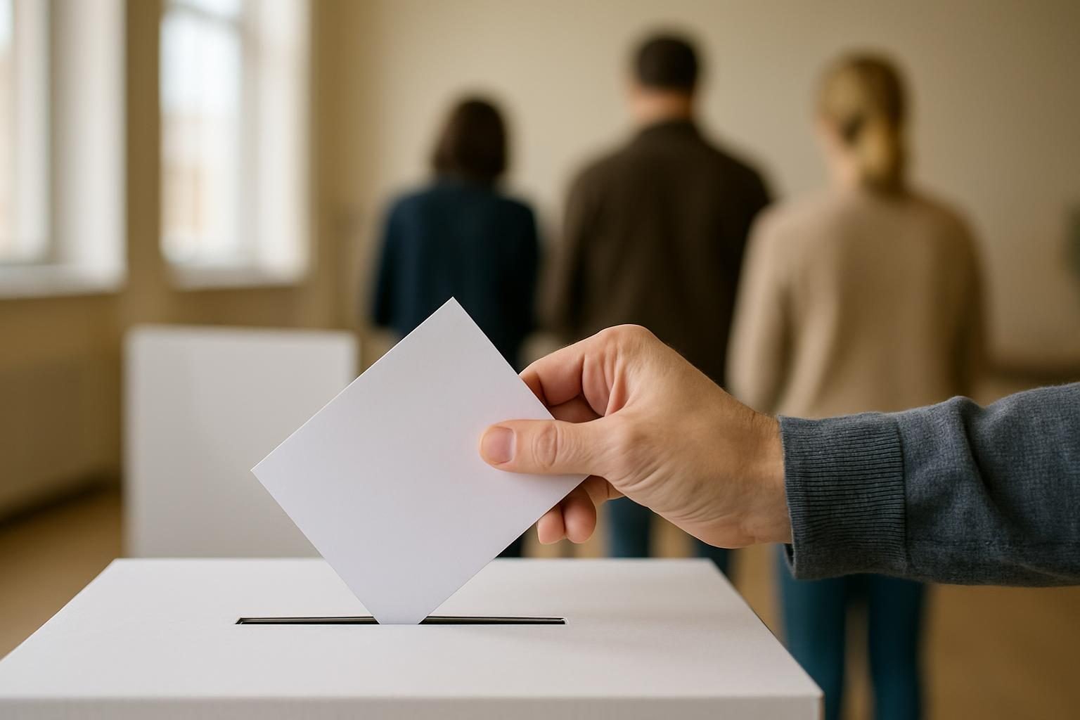 A hand holding a paper ballot at a polling place booth