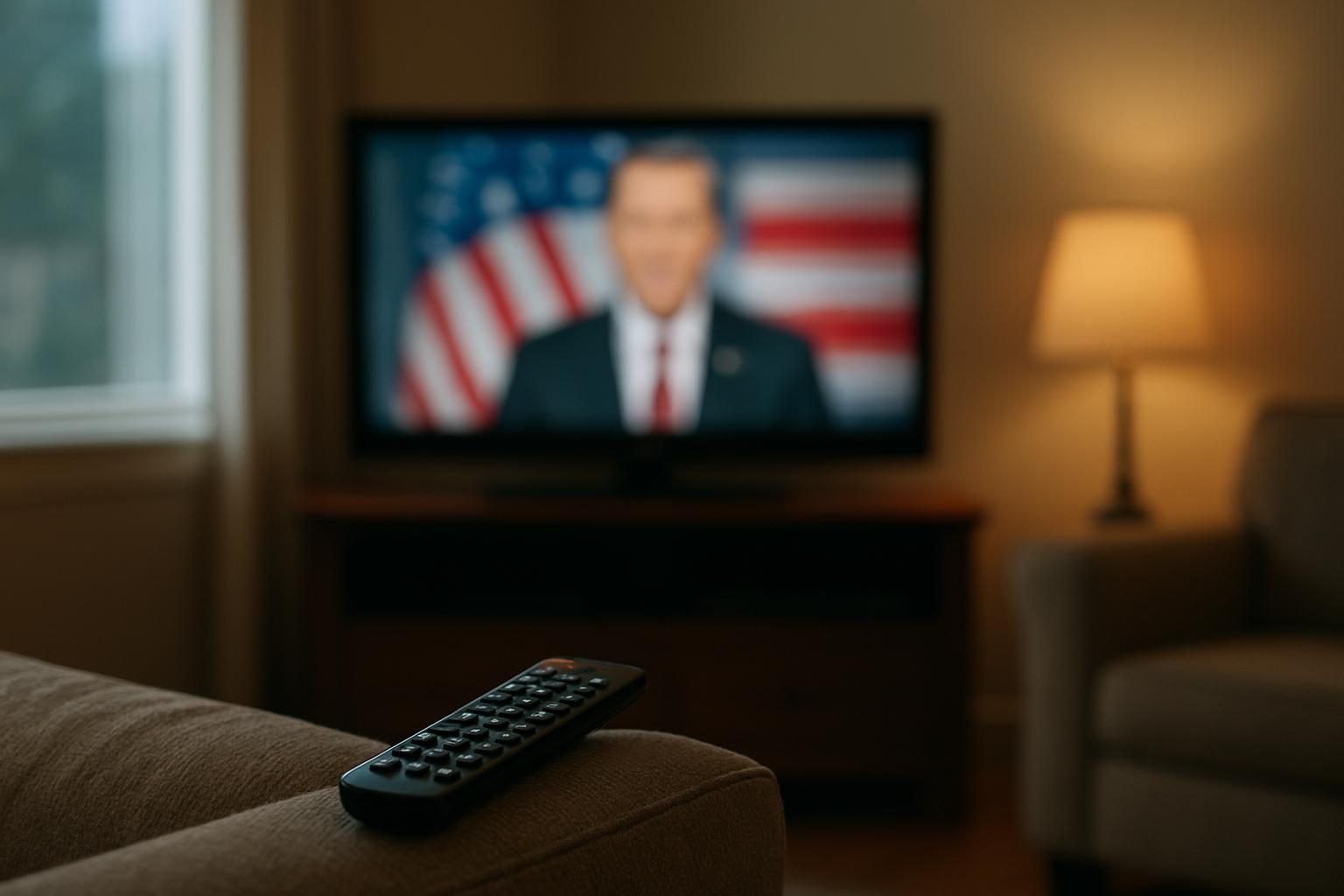 A living room television glowing with blurred political advertising