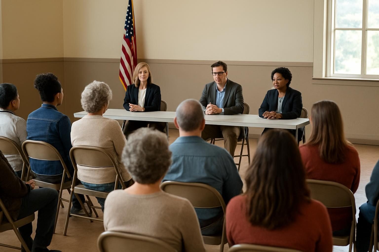 Residents seated at a town hall meeting seen from behind