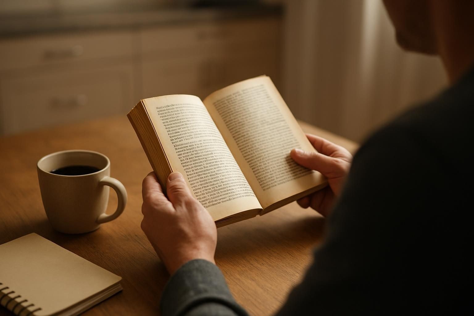 Hands holding a well-read paperback book on a kitchen table