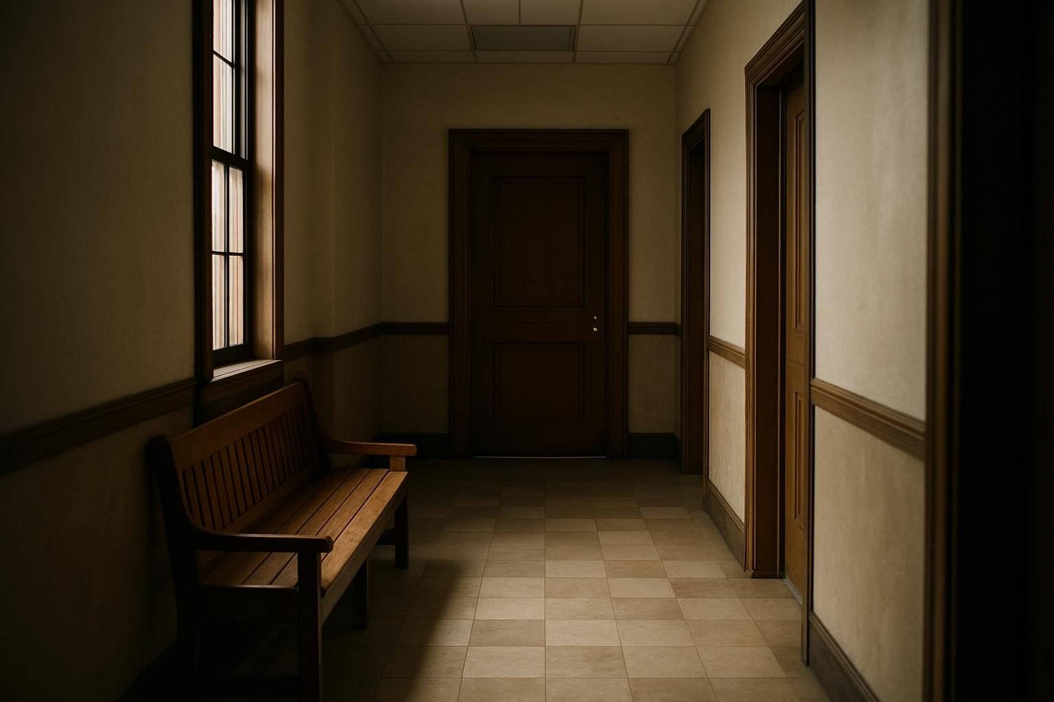 A quiet courthouse hallway with a bench and closed door