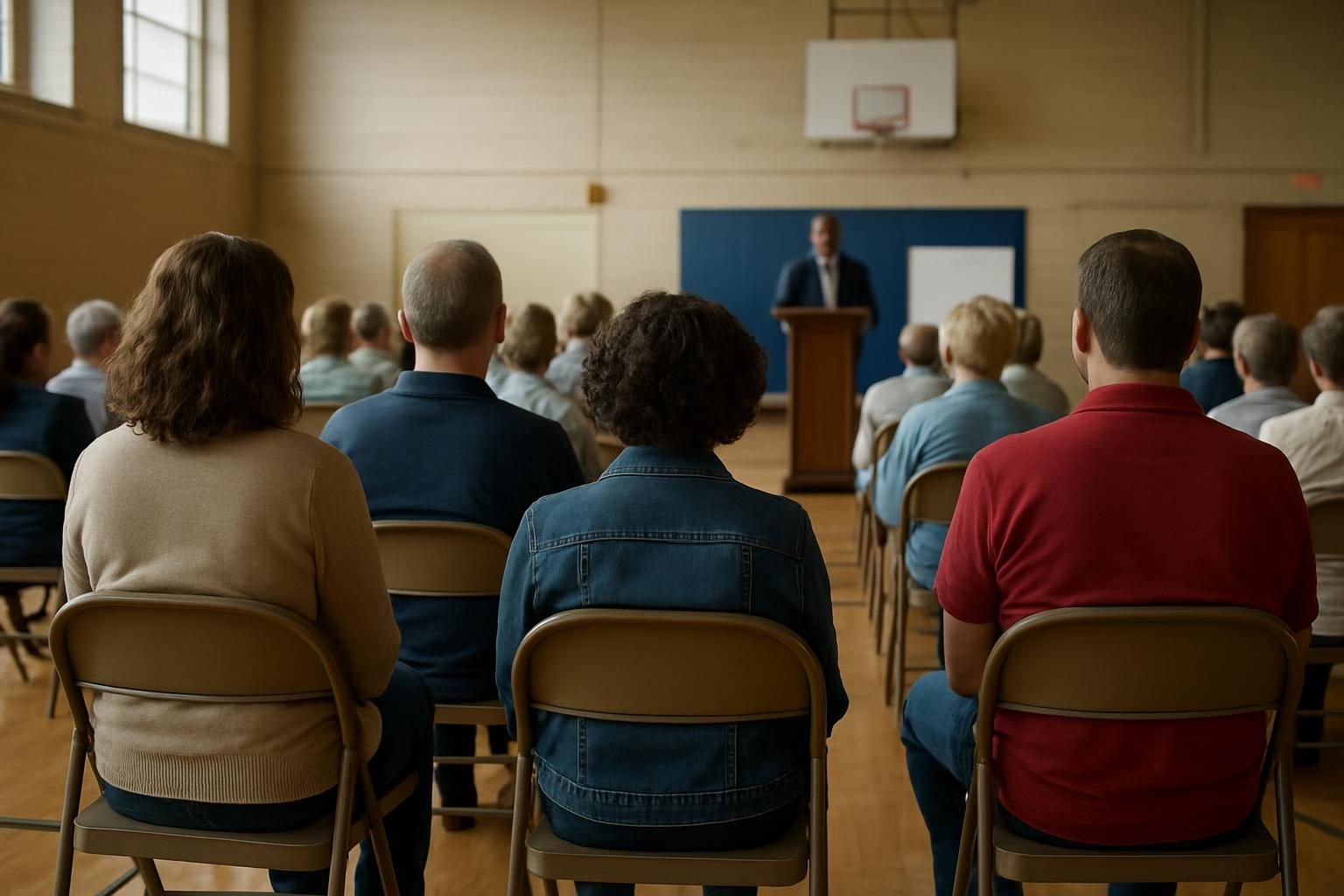Neighbors seated at a community meeting in a school gym