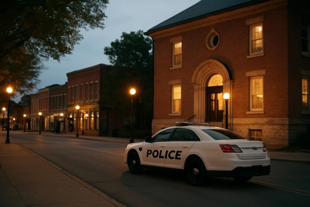 Quiet town street at dusk with a police car, illustrating the history of policing in America
