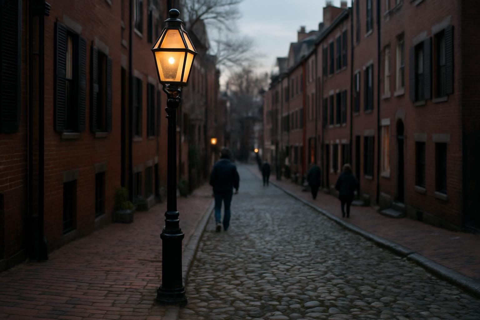 Historic street lamp on a cobblestone street evoking early night watch patrols