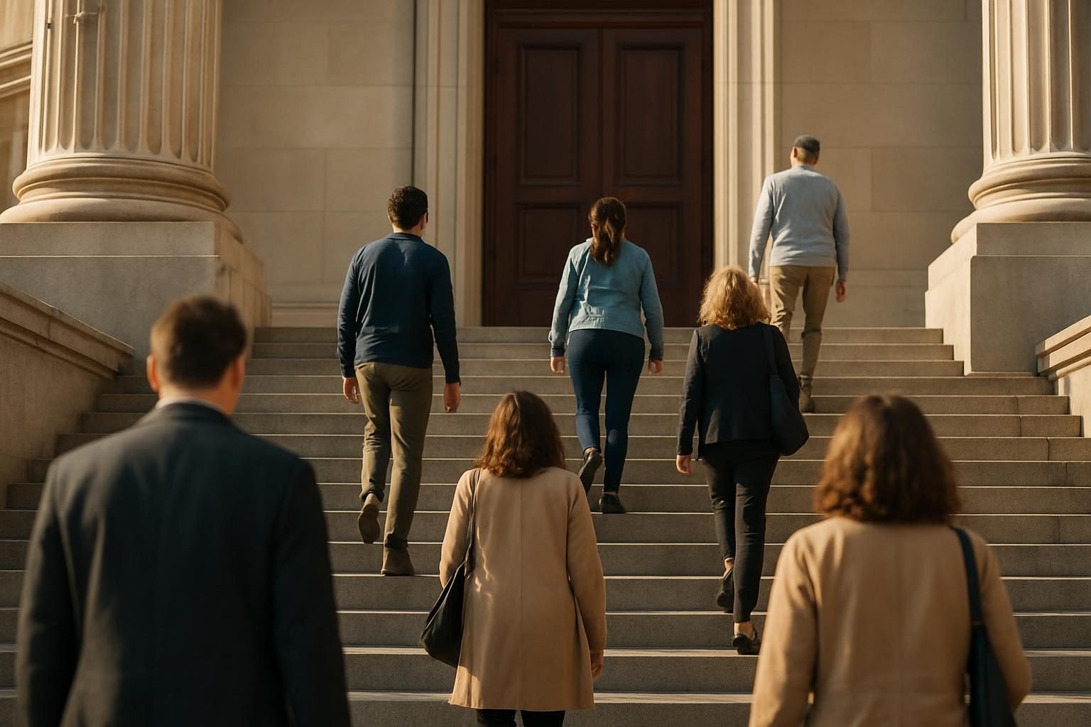 People climbing courthouse steps in morning light