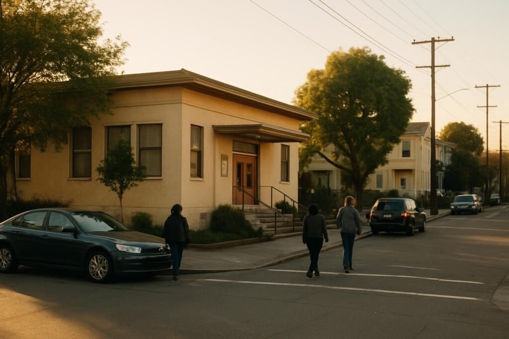Quiet urban neighborhood street at golden hour, a setting for the history of the Black Panther Party