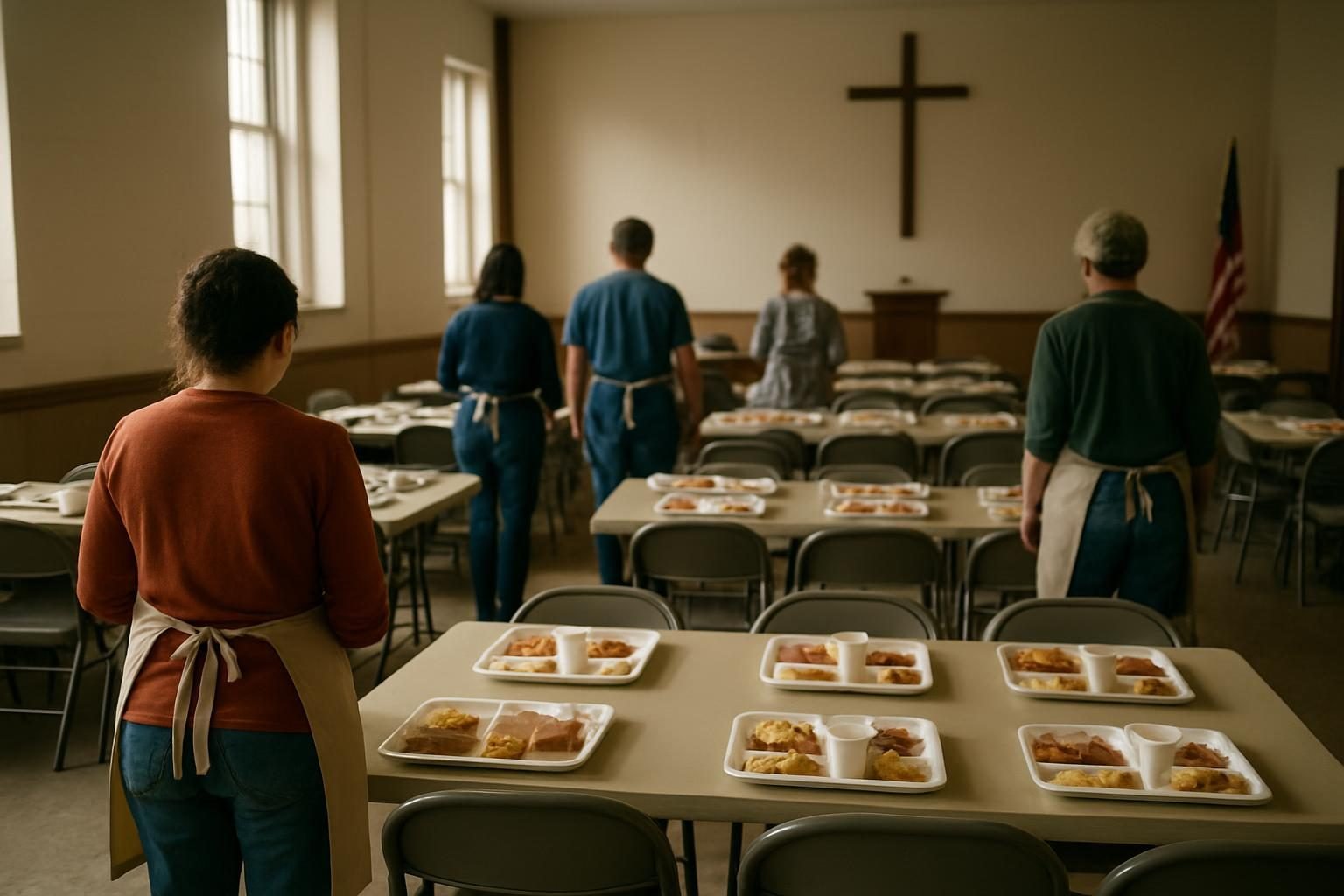 Community hall with tables set for a free morning breakfast program