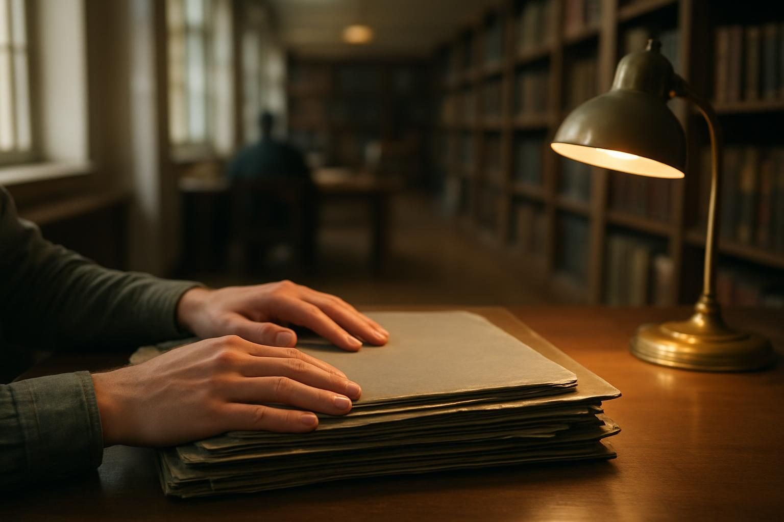 Researcher's hands on archival government files in a reading room