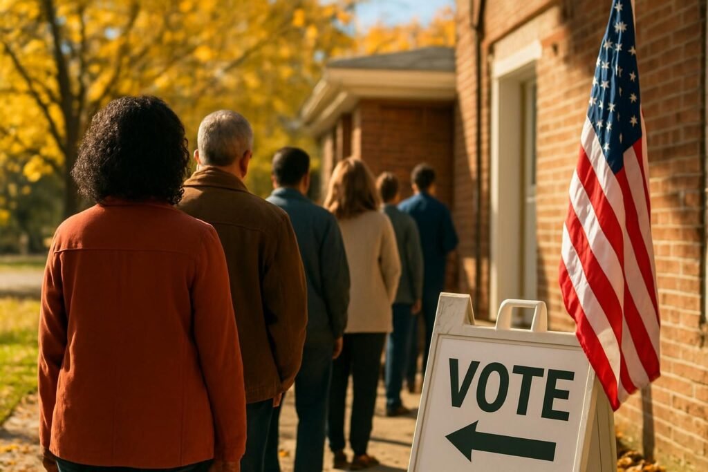 Voters waiting in line at a polling place, reflecting the history of voting rights in America