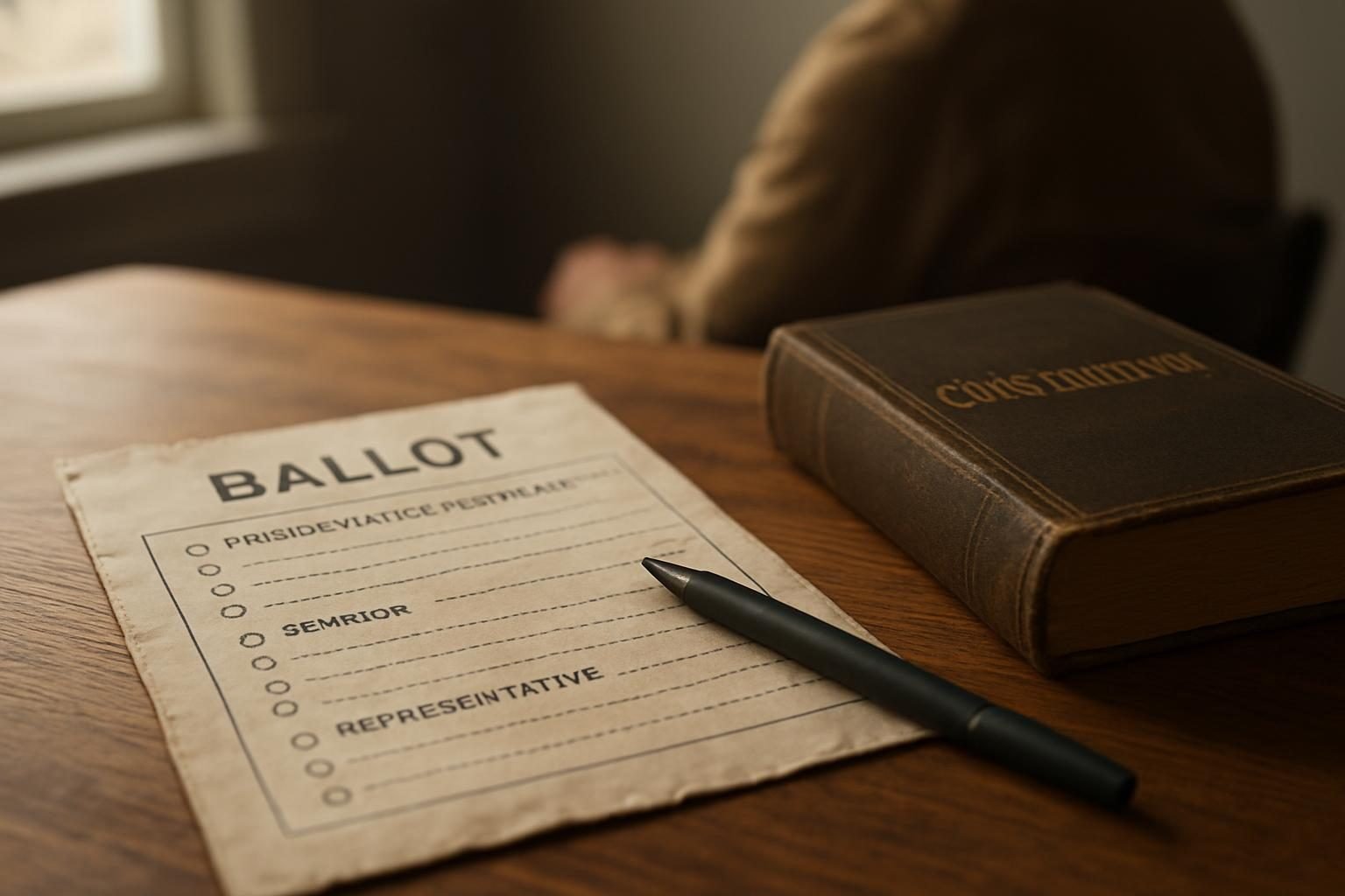 A ballot and pen beside a well-worn constitution on a wooden desk