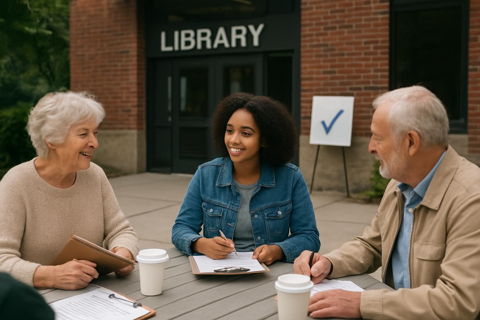 Neighbors gathered at a community voter registration table outside a library