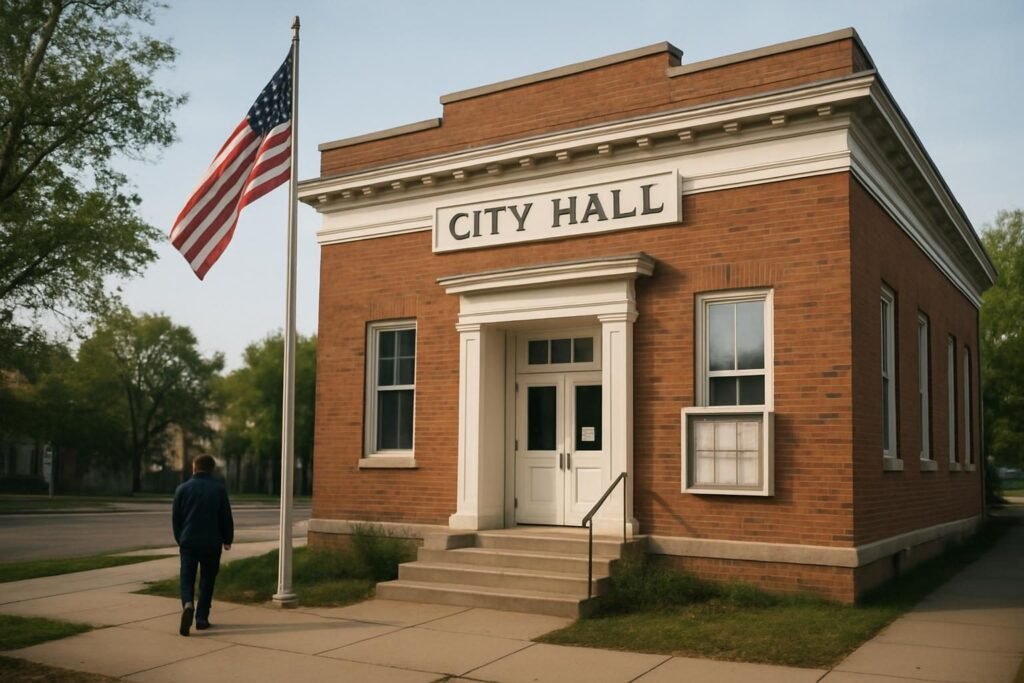 Small-town city hall where local officials decide how local taxes are decided and budgets approved