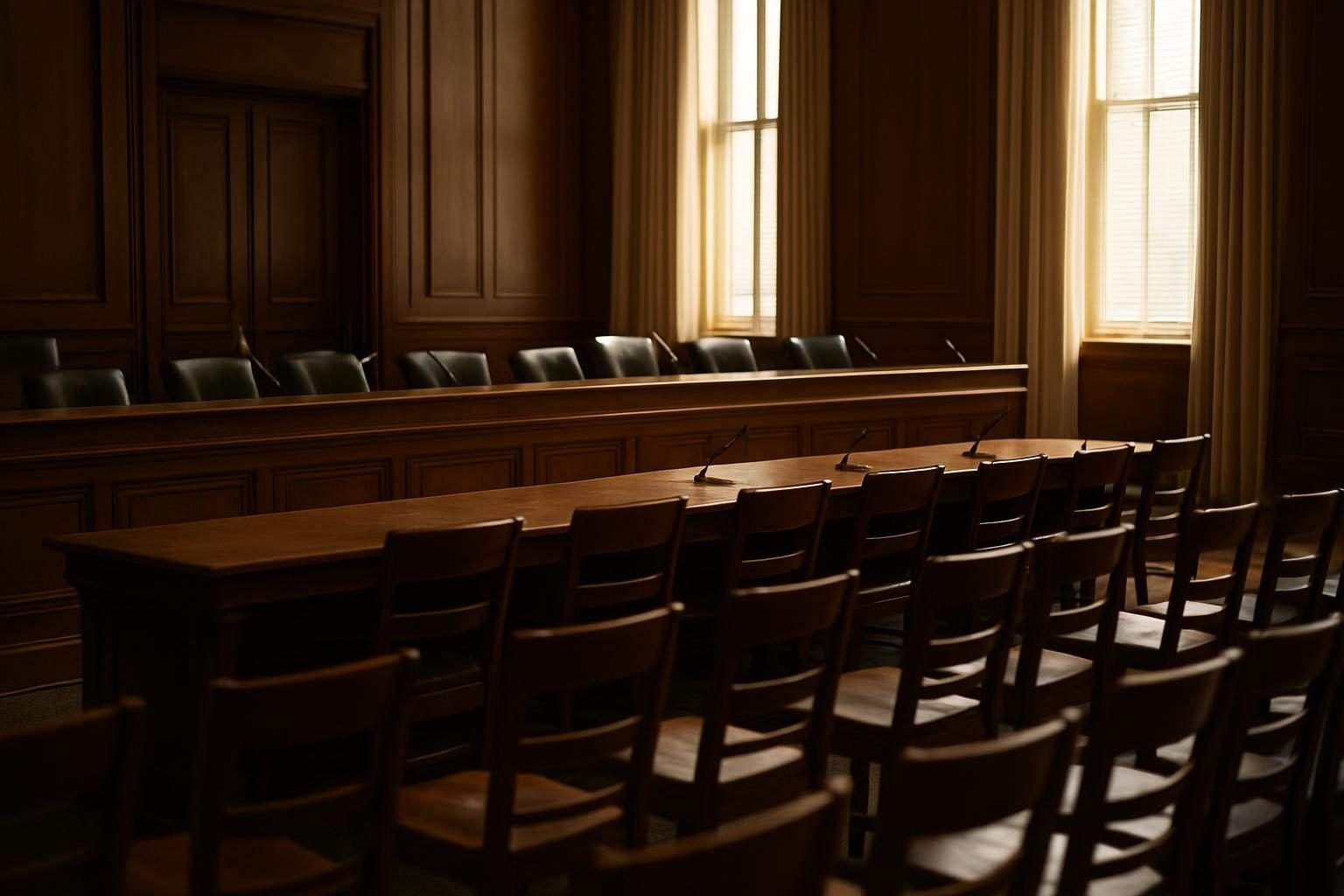An empty committee hearing room with a long wooden dais and rows of chairs