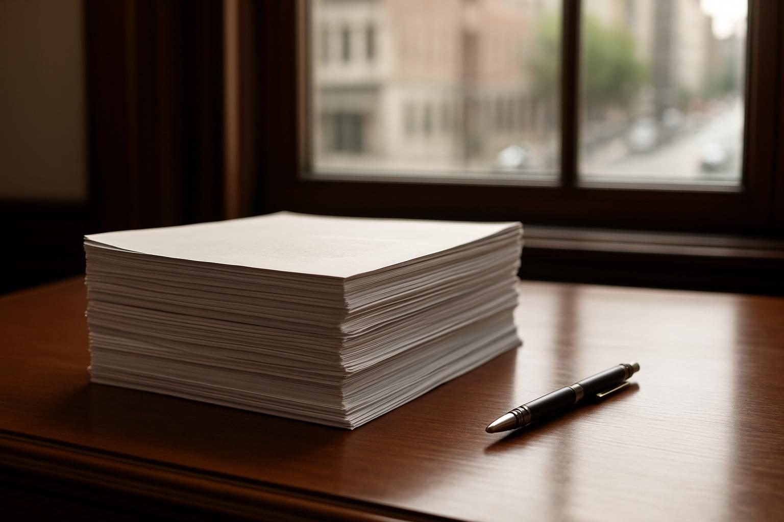 A thick stack of legislative papers and a pen on a wooden desk