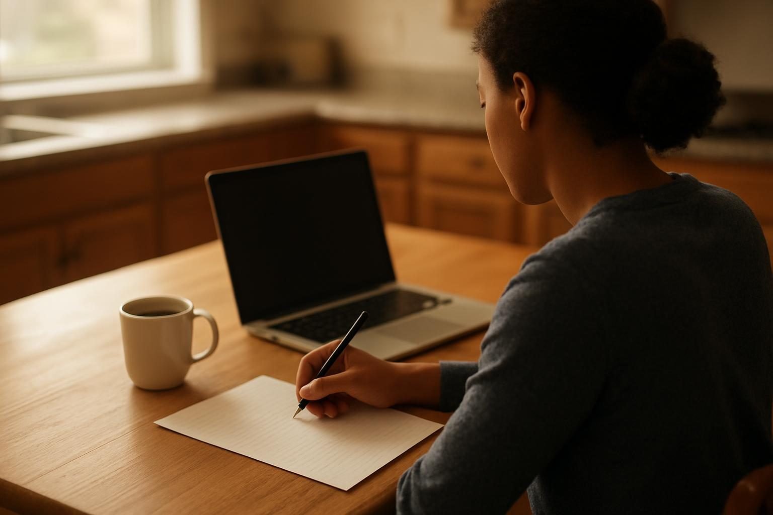 A citizen at a kitchen table writing to a representative