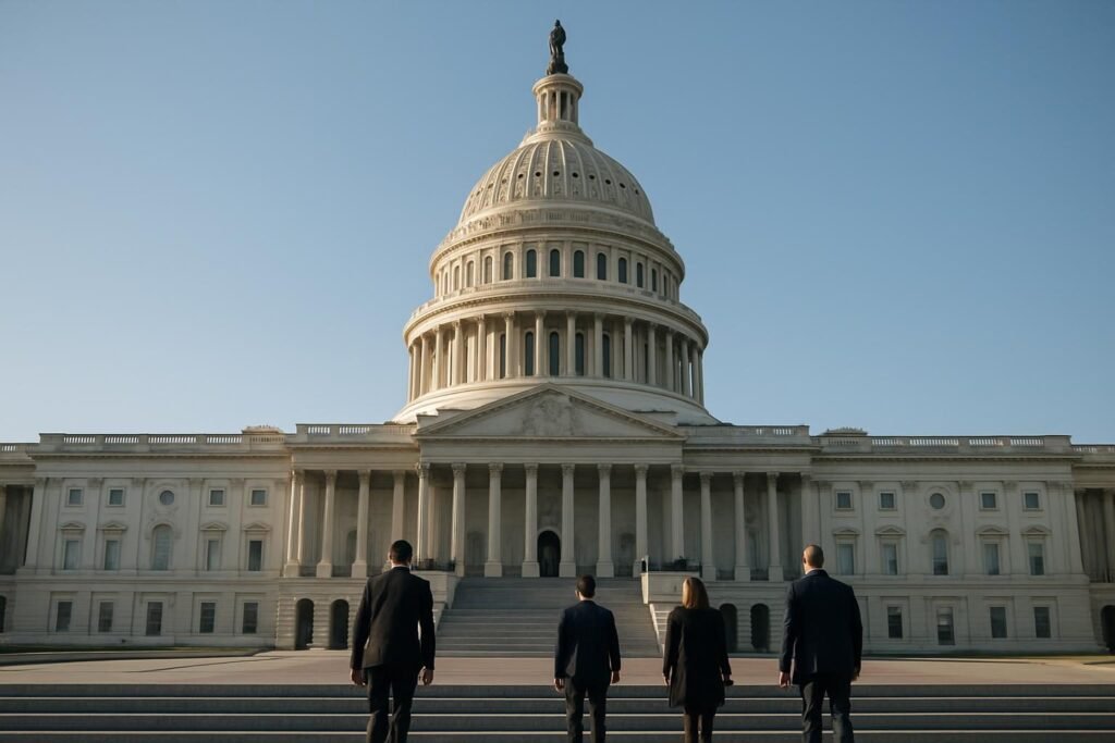 People in business attire walking toward the Capitol, illustrating how does lobbying work in Washington