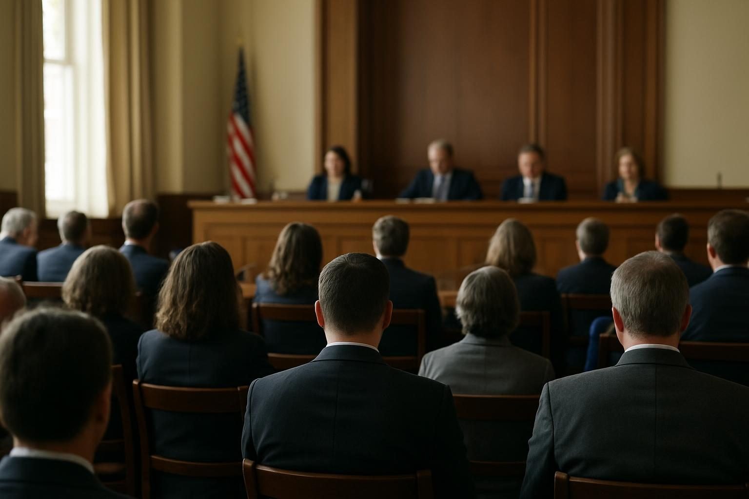 Audience seated in a hearing room facing a long wooden dais