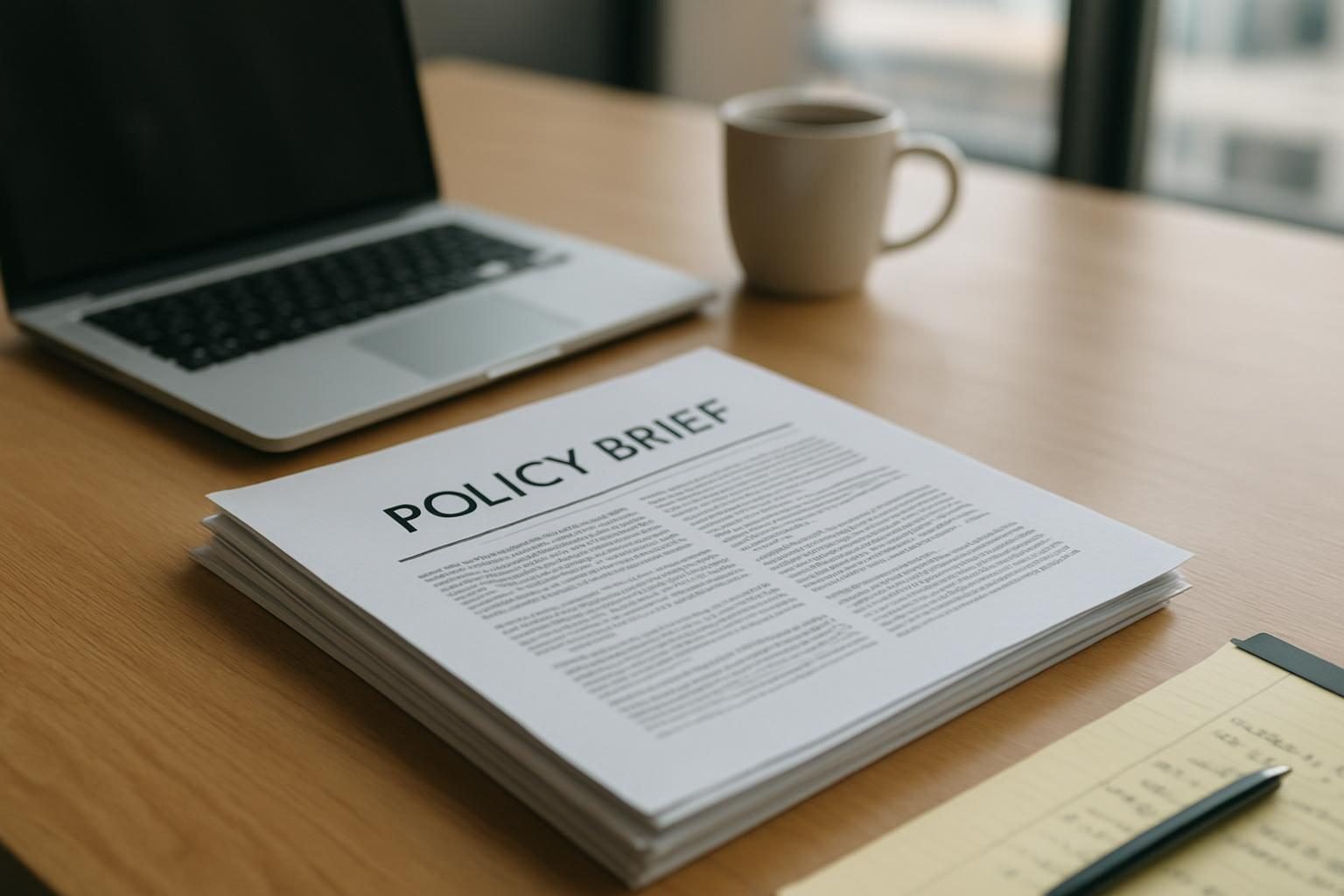 Desk with policy briefs, laptop, and notes in a government relations office