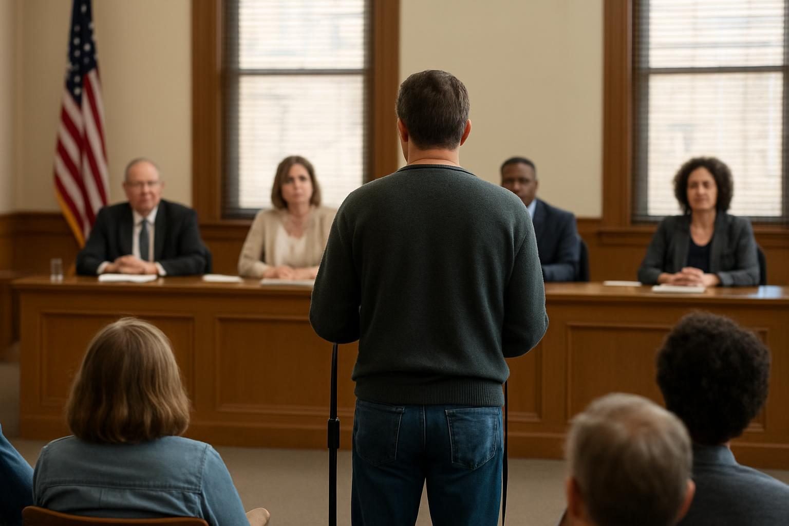 Resident speaking at a microphone during public comment at a local government meeting