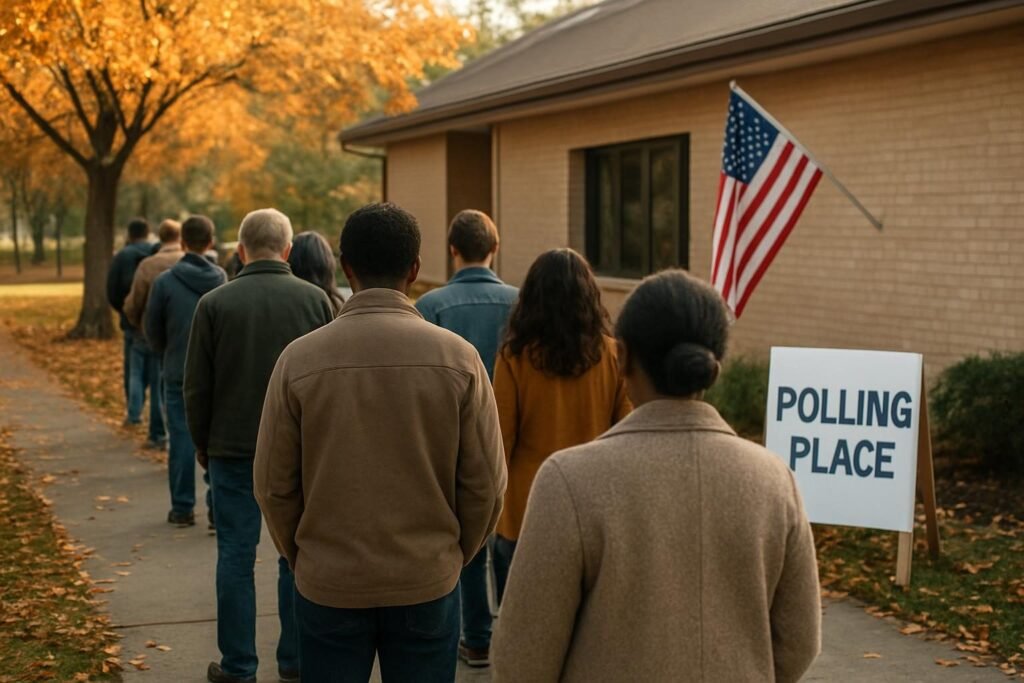 Voters lined up outside a polling place, showing how the electoral college works begins with local ballots